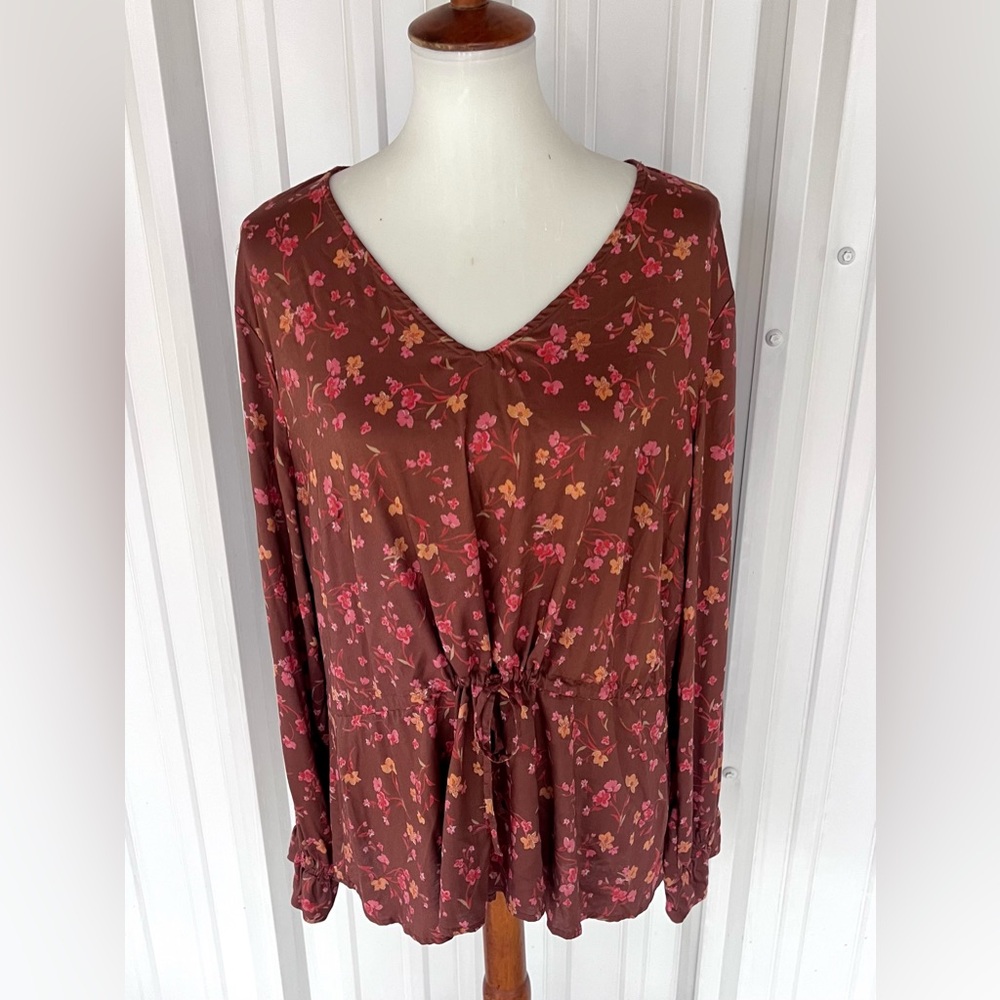 Candace Cameron Bure Long Sleeve V-Neck Brown Blouse Floral Fall Top Sz. L